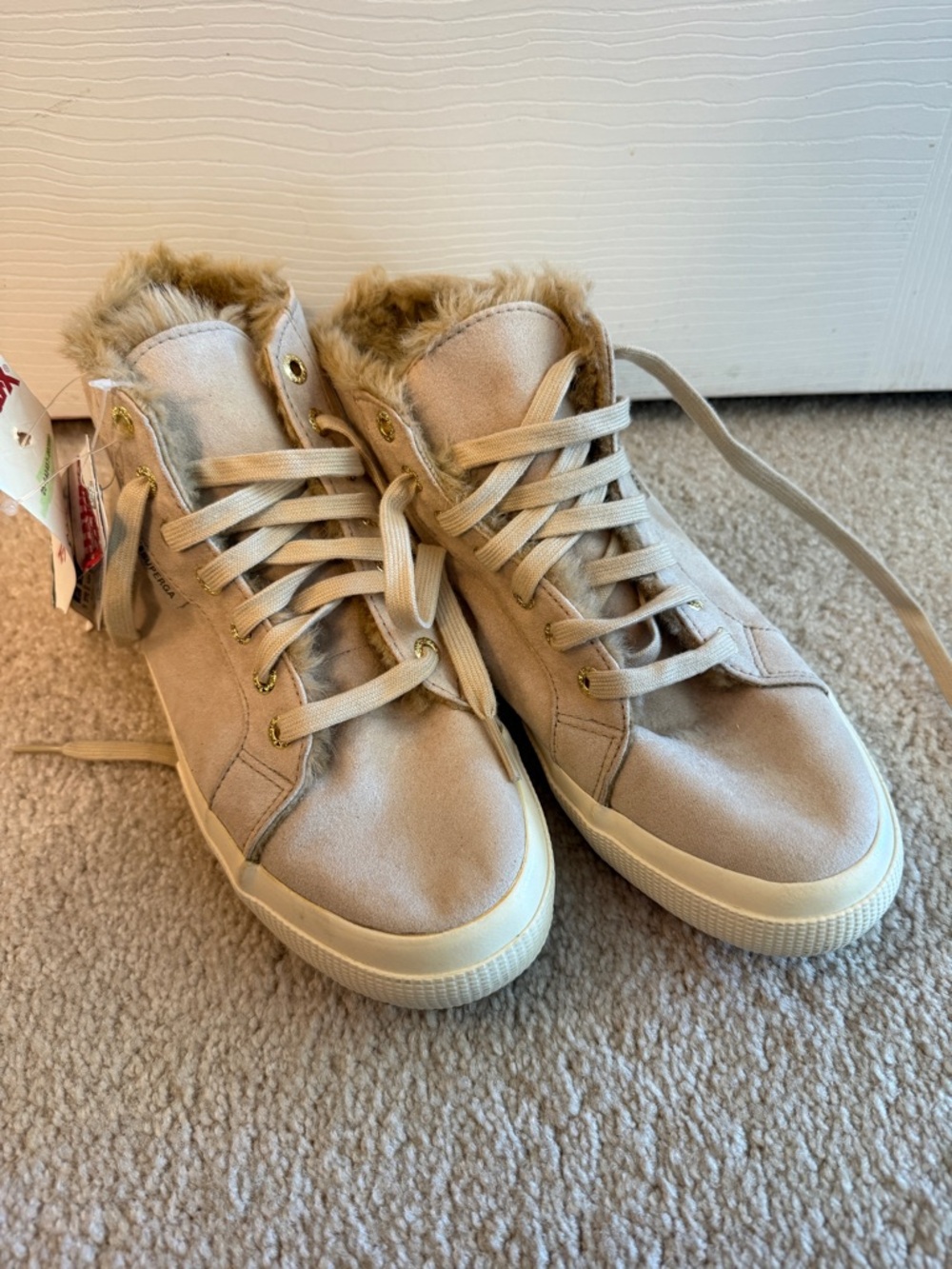 Superga Women's High-Top Sneakers in Beige with Faux Fur Trim